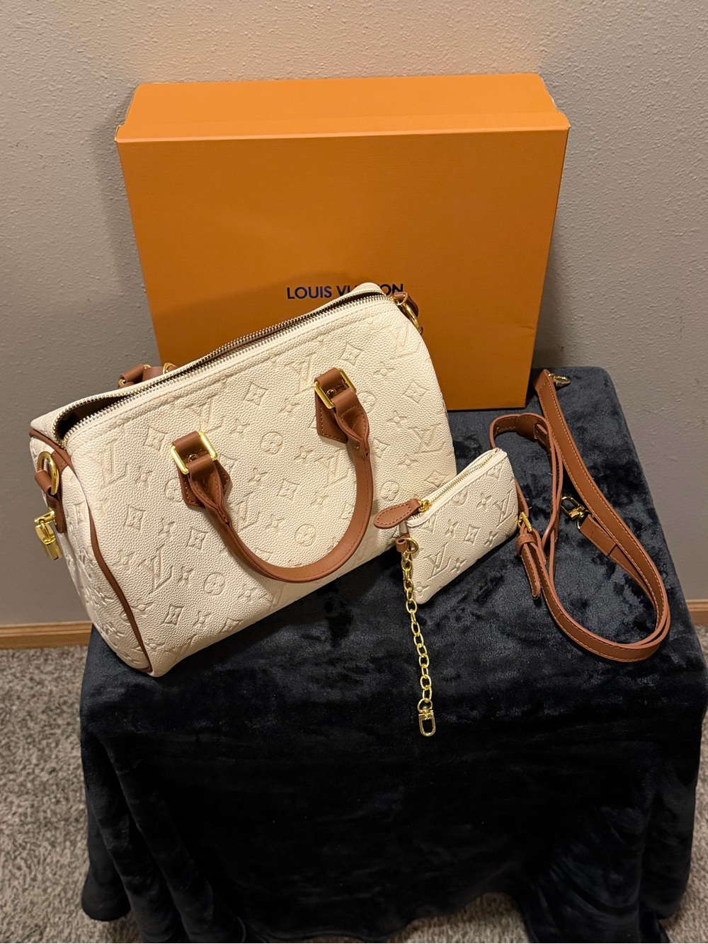 Louis Vuitton Cream Monogram Empreinte Satchel with Tan Trim